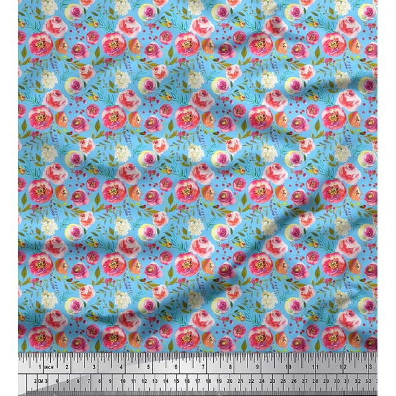 Soimoi Blue Cotton Duck Fabric Flower & Leaves Watercolor Fabric Prints By Yard 42 Inch Wide