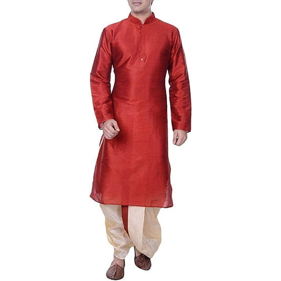 Royal Kurta Men's Cotton Silk Dhoti Kurta Set (44, Maroon-Gold)