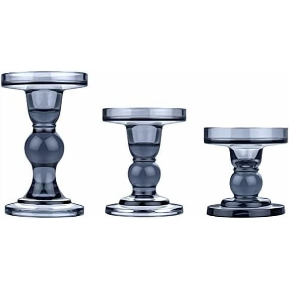 Glass Candle Holders, 3 Pieces Crystal Clear Candlesticks with Elegant Design for Pillar Taper Candle and Tea Light, Home Table Living Room Wedding Party Decorations Home Décor - Smoky Blue