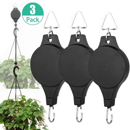 3Pack Retractable Pulley Hanging Basket Plant Flower Hooks High Up and Pull Down Hanger for Garden Baskets, Pots and Birds Feeder