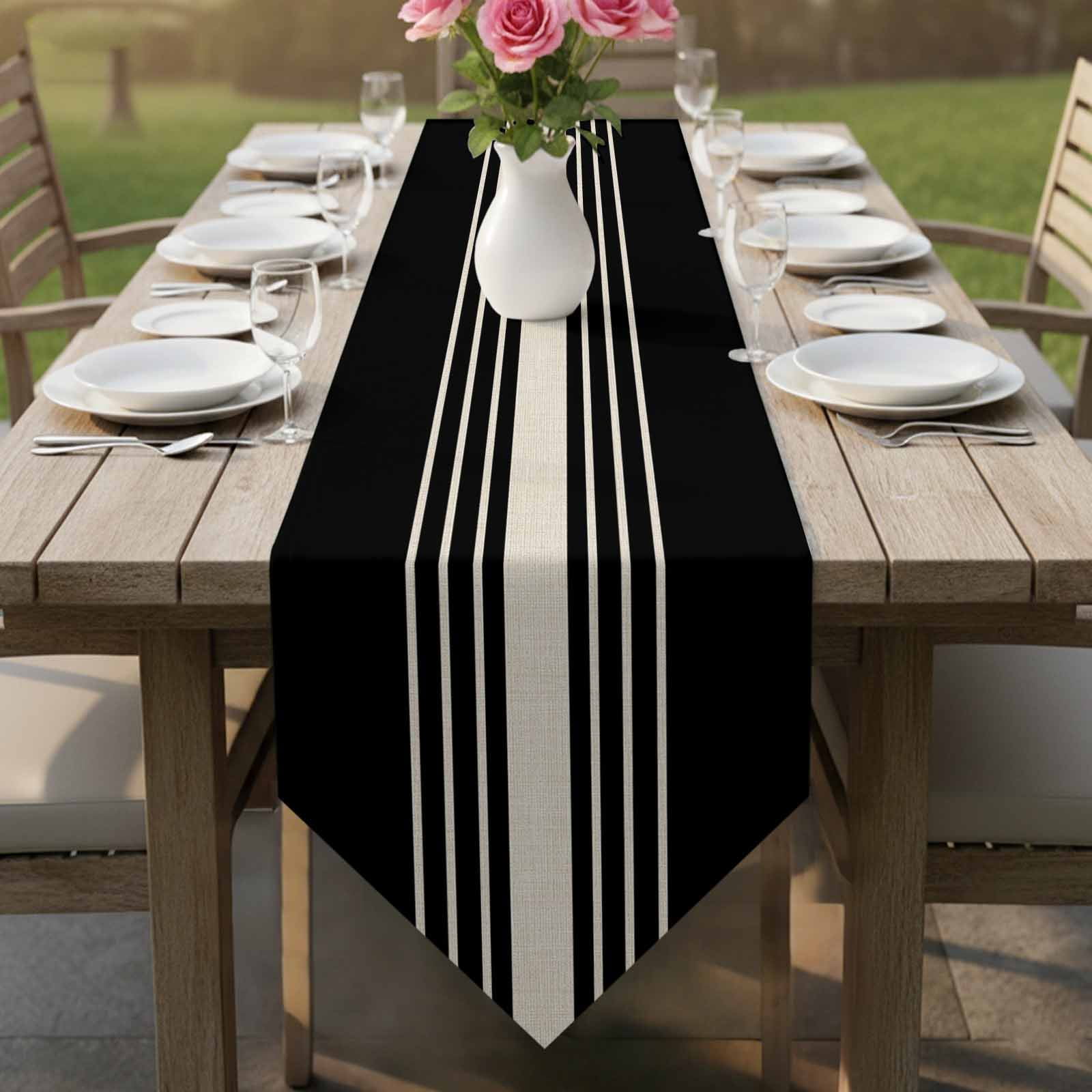 Black Beige Striped Table Runner Linen Burlap Table Runner 72 Inches Long Modern Farmhouse Retro Lines Dresser Scarves for Kitchen Island Coffee Dining Room Party Holiday Decoration 18"x72"