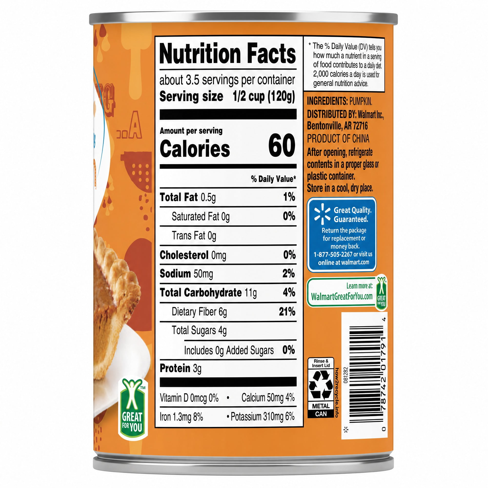 (4 pack) Great Value 100% Pure Pumpkin, 15 oz
