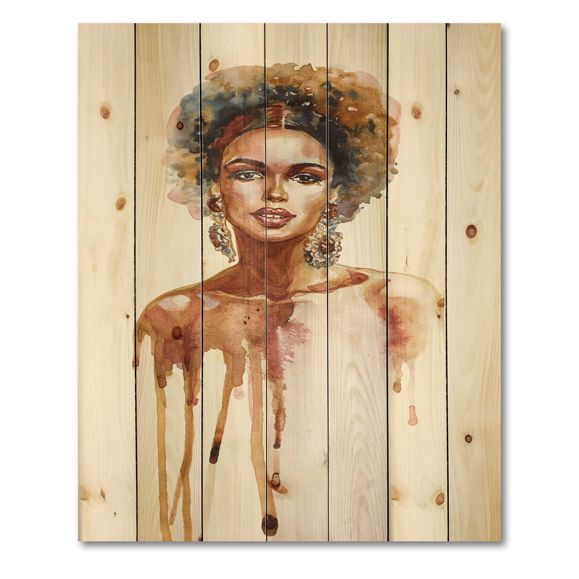 Designart 'Portrait of Afro American Woman XIII' Modern Print on Natural Pine Wood