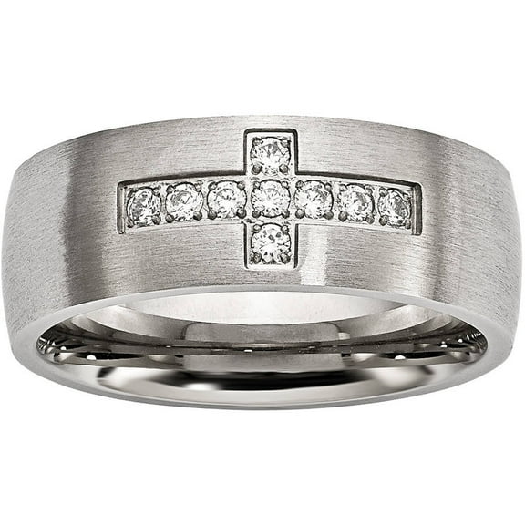 Stainless Steel Brushed CZ Cross Ring