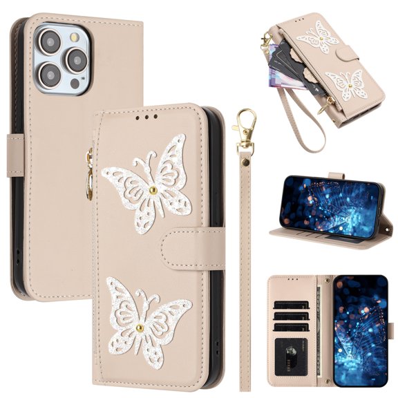 for iPhone 13 Pro Wallet Case, PU Leather TPU Protective Cover with Butterfly Design Zipper Pocket Card Slots Kickstand Shoulder Strap Wrist Strap Magnetic Clasp, Apricot
