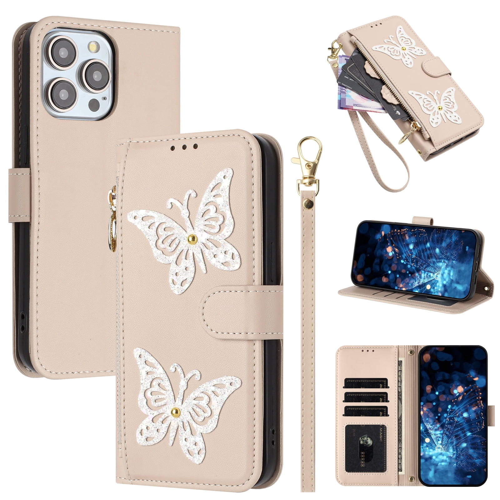 for iPhone 15 Pro Max Wallet Case, PU Leather TPU Protective Cover with Butterfly Design Zipper Pocket Card Slots Kickstand Shoulder Strap Wrist Strap Magnetic Clasp, Apricot