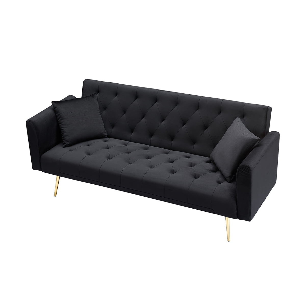 Leumius Velvet Futon Sofa Bed,Convertible Sleeper Couchwith Adjustable Backres & 2 Pillows for Small Spaces,Living Room,Black