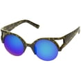 thumbnail image 2 of sunglassLA Unisex Women's Round Mirrored Lens Half Frame Cutout Cat Eye Sunglasses (Green-Tortoise / Blue Mirror) - 50mm, 2 of 4