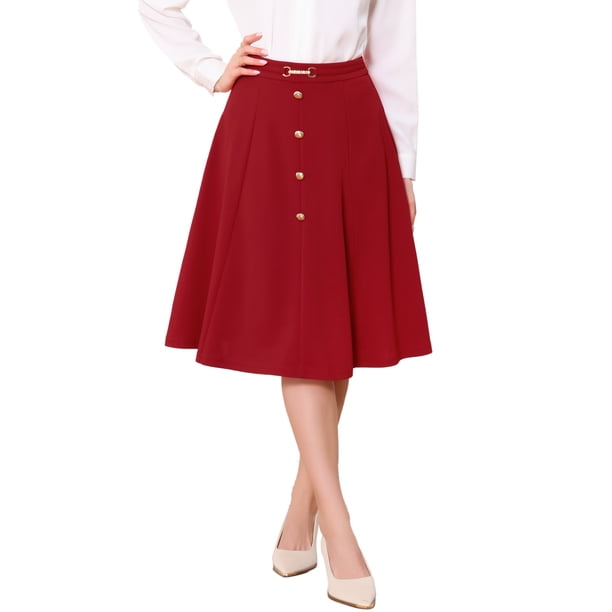 Falda midi plisada A-Line Inspire Chic para mujeres, falda de trabajo vintage de cintura alta, falda de negocios XL roja