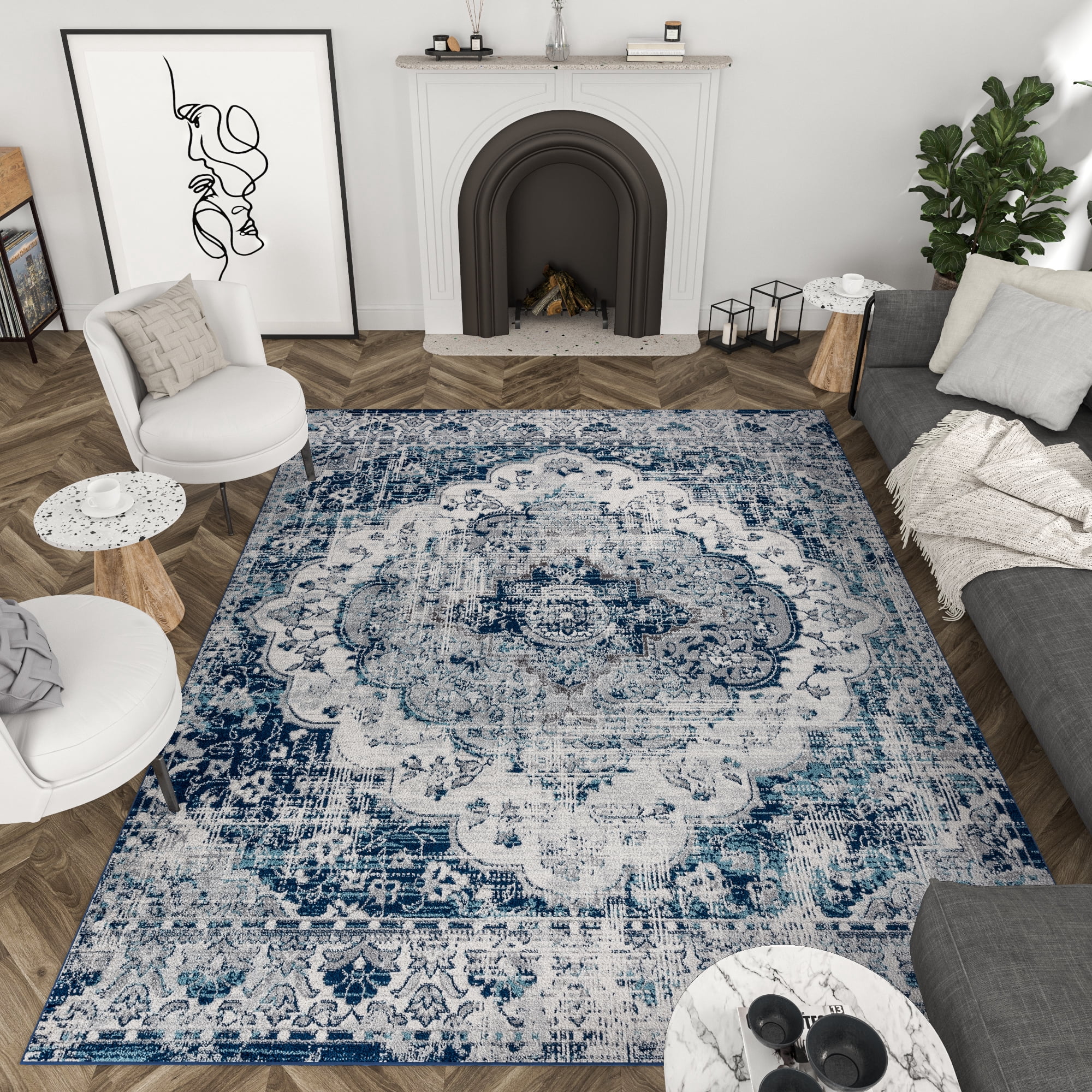 Diamond Traditional 4' x 5' Blue and Cream Polypropylene Indoor Area Rug