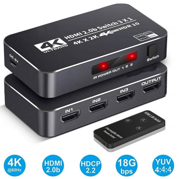 4K HDR HDMI Switch, AUBEAMTO 3 Ports 4K 60Hz HDMI 2.0 Switcher Selector with IR Remote, Supports Ultra HD Dolby Vision, High Speed (Max to 18.5Gbps), HDR10, HDCP 2.2 & 3D