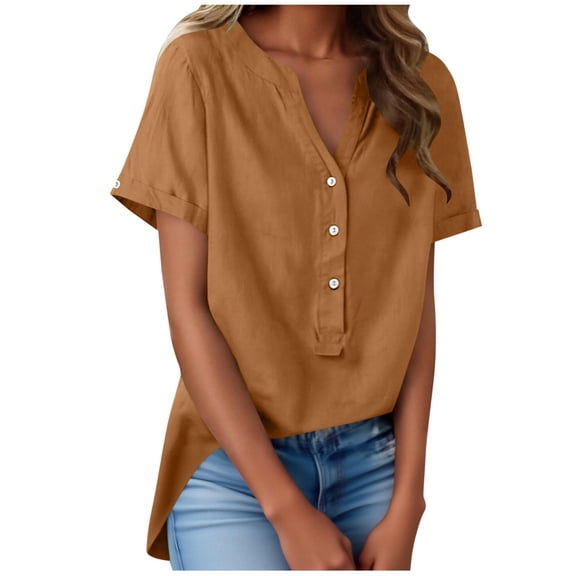 Linen Womens V-Neck Short Sleeve Tops Half Placket Button Solid Color Shirts 2026 Casual Daily Party Spring Summer Clothes