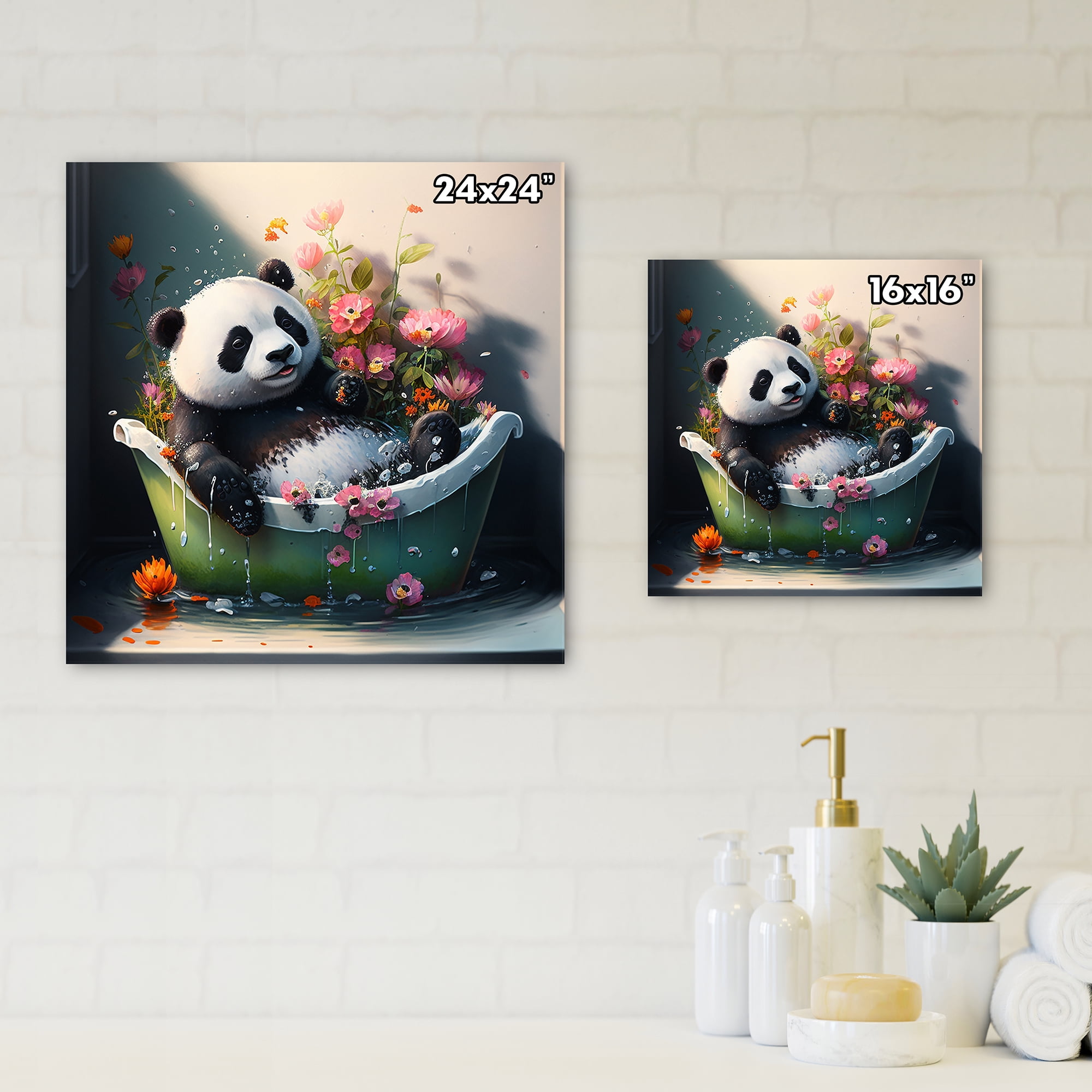 Designart Silly Panda Bathing With Blooming Flowers Canvas Wall Art
