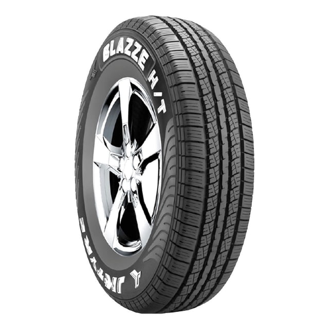 llanta 245/65r17 p tornel blazze ht 105t tornel blazze h/t — Llanta para auto 245/65R17 montada en rin, vista 3/4; banda de rodamiento con tres canales longitudinales y ranuras en los hombros, flancos negros con letras blancas BLAZZE H/T, diseñada para mejor control y menor ruido en carretera; a menudo usada en rines 17" para SUVs y autos familiares.