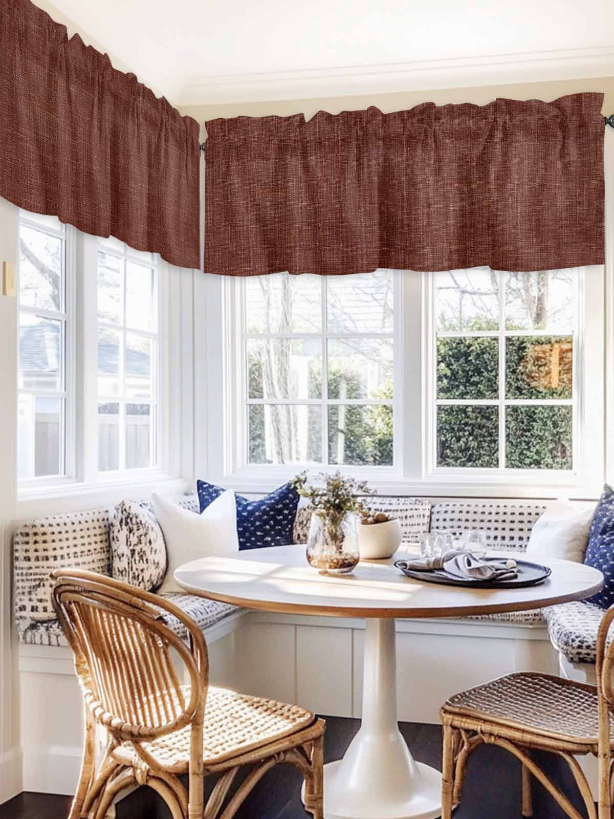 2 Panels Dark Brown Valance for Windows, Farmhouse Burlap Solid Brown Modern Linen Texture Light Filtering Kitchen Curtains, Rod Pocket Window Treatment Curtain Valances for Living Room, 42"x18"
