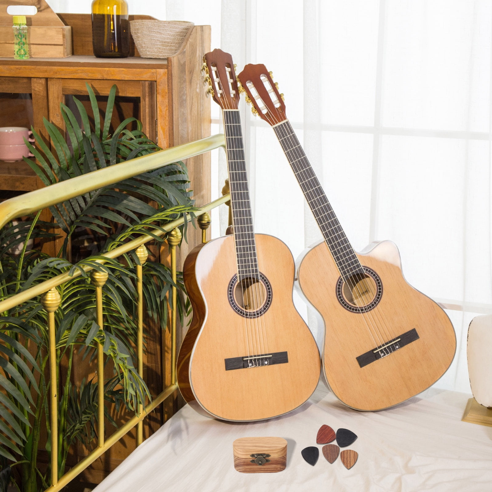 Uxcell Wooden Guitar Pick Holder Mini Guitar Picks Box Case with 5 Pack Flat Wood Guitar Picks Acoustic Guitar Box