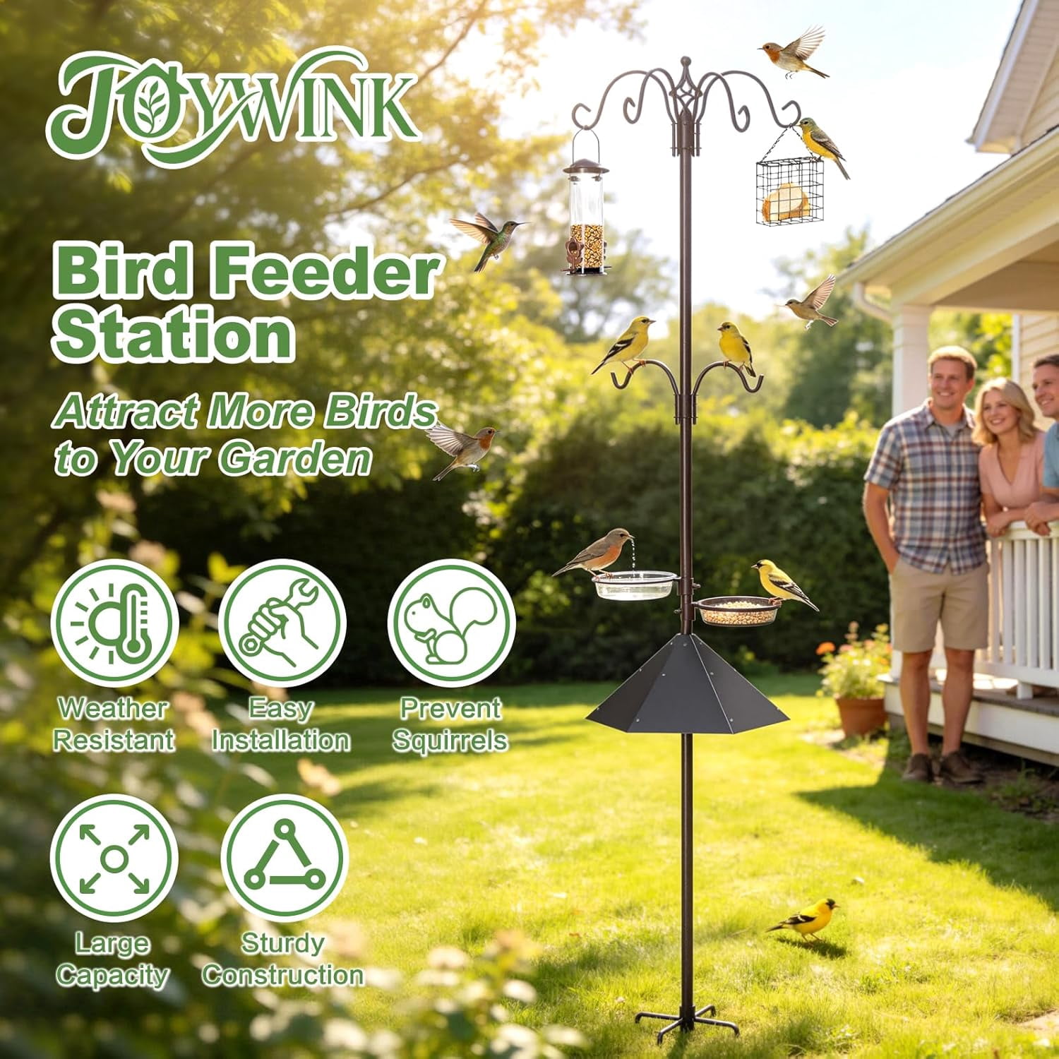 94" Bird Feeding Station Kit with Metal Squirrel Baffle, Heavy Duty Metal Bird Feeding Station with Seed Tray＆Mesh Basket, Easy Assembly Ground Mounted Bird Feeder Pole for Garden Yard Outdoor