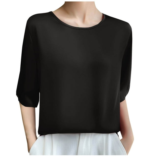 Plebaso Hauts à Col Rond pour Femmes Manches Mi-Longues Été Décontracté Blouses Amples Couleur Unie Hauts Élégants pour Femmes