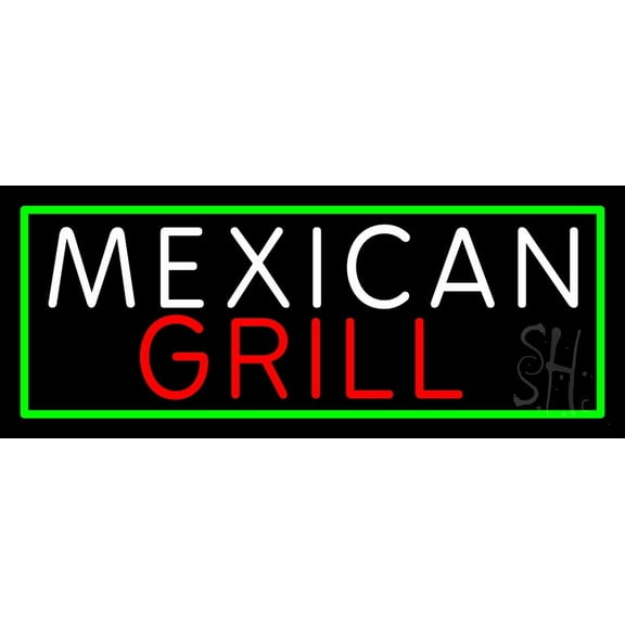 Mexican Grill With Green Border LED Neon Sign 13 x 32 - inches, Black Square Cut Acrylic Backing, with Dimmer - Bright and Premium built indoor LED Neon Sign for restaurant window and interior decor.