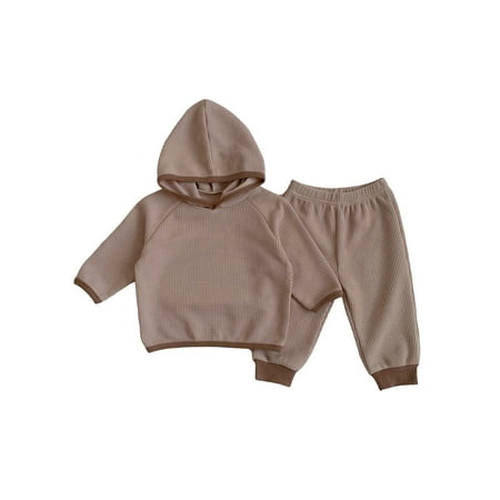 

elfinBE Unisex Infant Baby Toddler Solid Color Hooded Long Sleeved Knit Fabric T-shirt Trousers 2PCs Outfits Set 6-24M