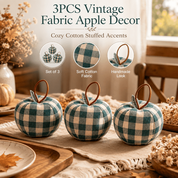 Vintage Fabric Apple Decor, 3-Piece Stuffed Cotton Apple Ornaments, Green Gingham Farmhouse Table Centerpiece, Hanging Fall Christmas Home Decor for Mantel, Shelf, Dining Room