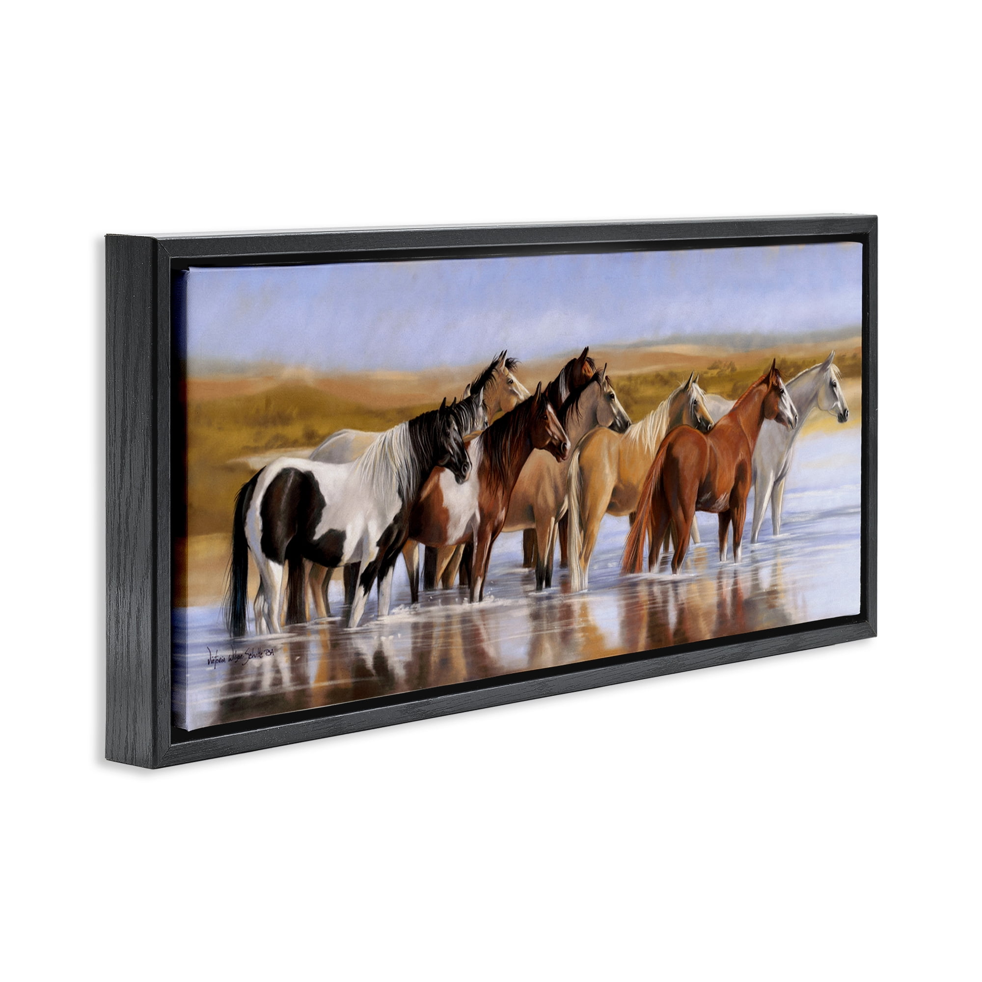 Stupell Industries Horse Herd in River Animals & Insects Painting Black Floater Framed Canvas Art Print Wall Art, 25 x 11