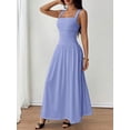 thumbnail image 5 of Petite Womens Blue Solid Square Neck Ruched Flared Maxi Dress For Spring Summer, 5 of 7