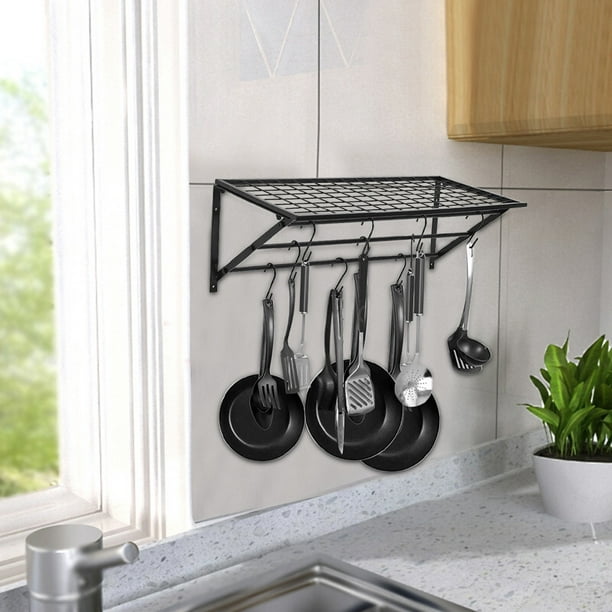 Gran Kitchen Shelf Folding Kitchen Wall Hanging Pot Rack With 10 Hooks Black Walmart Com Walmart Com