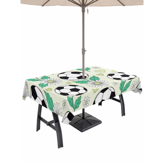 Outdoor Tablecloth with Umbrella Hole for Patio/Picnic/Party/Camping, Green Footballs Waterproof Table Cloth Rectangle Table Cover Washable, Pastoral Daisy Love Heart Balls Sports Game (60"x 120")