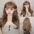 thumbnail image 2 of Peluca larga rizada marrón para mujer, cabello Natural ondulado, suave, sintético con flequillo, uso diario en fiestas, fibra resistente al calor, alta densidad, 2 of 4