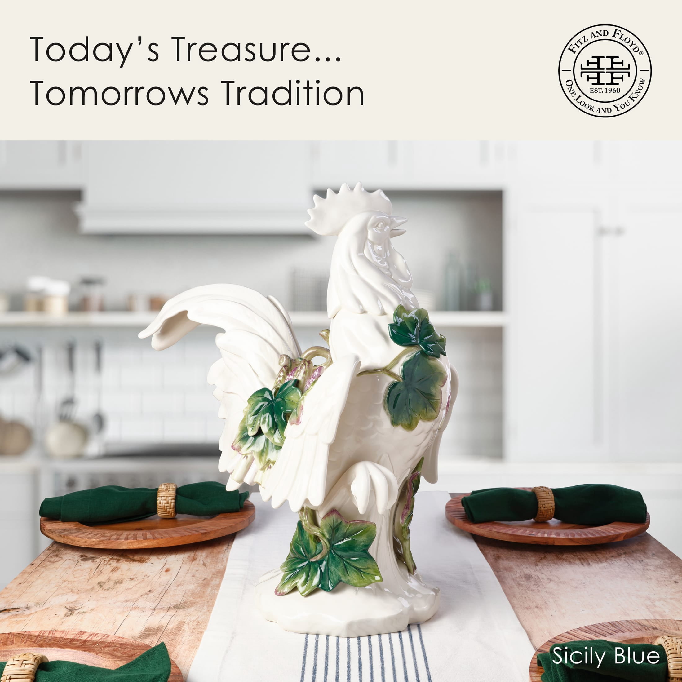 Fitz and Floyd Sicily 19" Green Rooster Earthenware Decorative Figurine