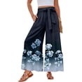 thumbnail image 2 of Womens Beach Wide Leg Pants Elastic High Waist Ties Ruffle Hem Flowy Palazzo Pants with Pockets Dark Blue L, 2 of 5