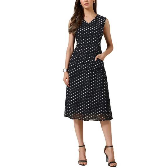 INSPIRE CHIC Summer Polka Dot Dress for Women Casual Sleeveless V Neck Tie Waist Chiffon Midi Dresses with Pockets S Black