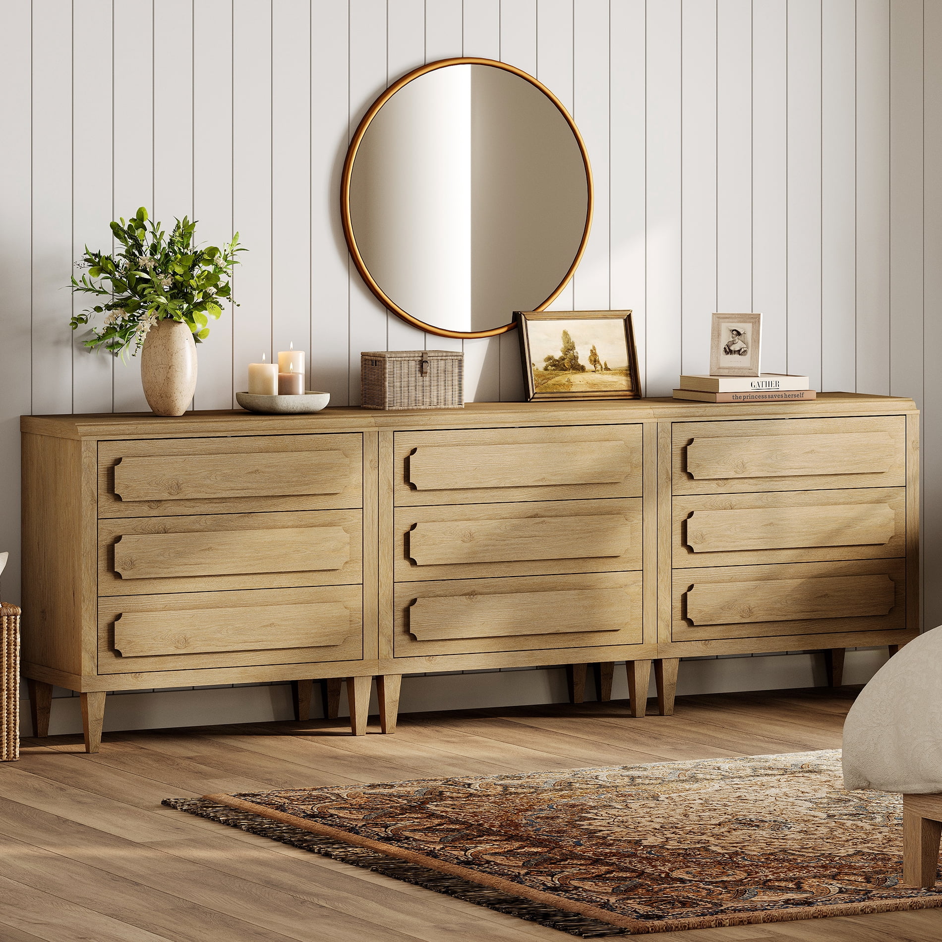 Oak Modern TV Stand for 100 Inch TVs, Wood Entertainment Center with 9 Drawers Storage for Living Room Bedroom