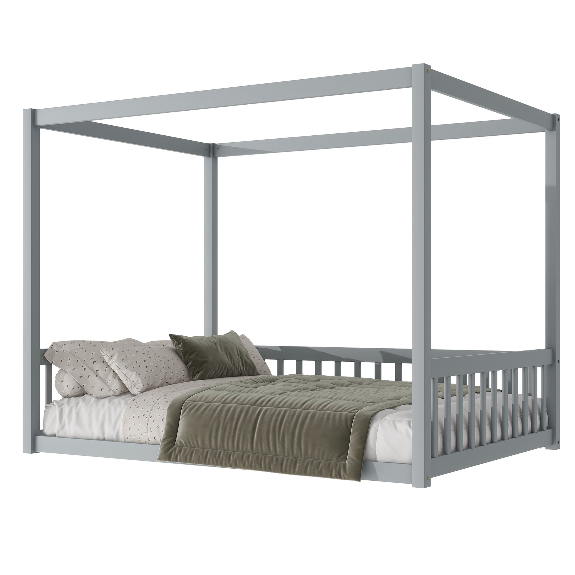 Leumius Full Size Canopy Frame Rubber Wood Floor Bed with Fence,Guardrails for Boys Girls Grey