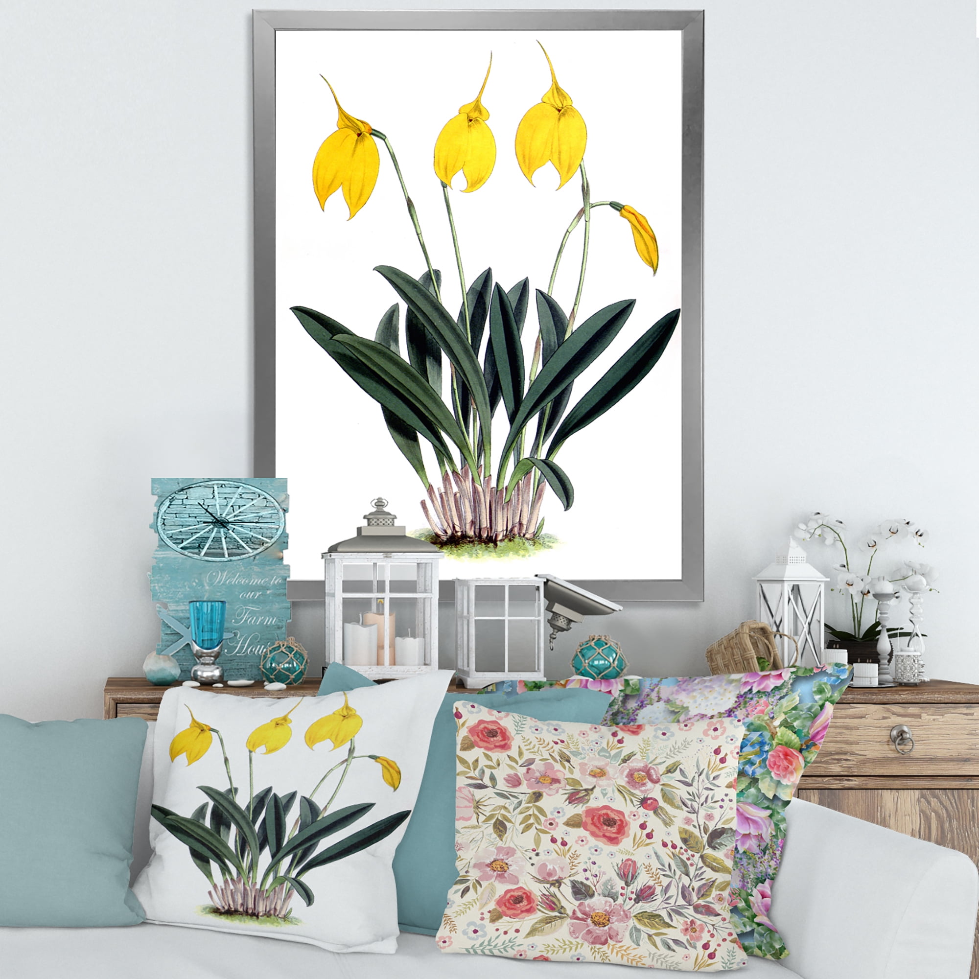Designart 'Orchid Retro Flowers' Farmhouse Framed Art Print