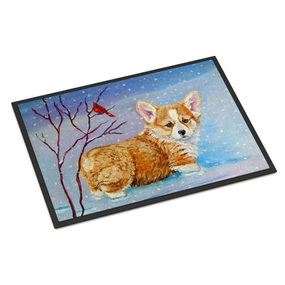 Carolines Treasures 7327MAT Corgi Pup Snow Cardinal Doormat 18x27 27"L x 18"W multicolor