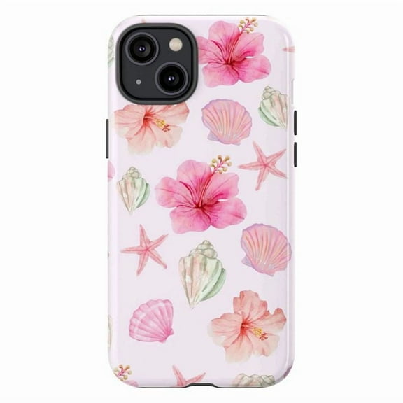Tropical Beach Vibes Phone Case, Pink Hibiscus & Seashells Artistic iPhone Cover, Summer Floral Protective Case for iPhone 17 16 15 14 13 12 11 Plus Pro Max Mini