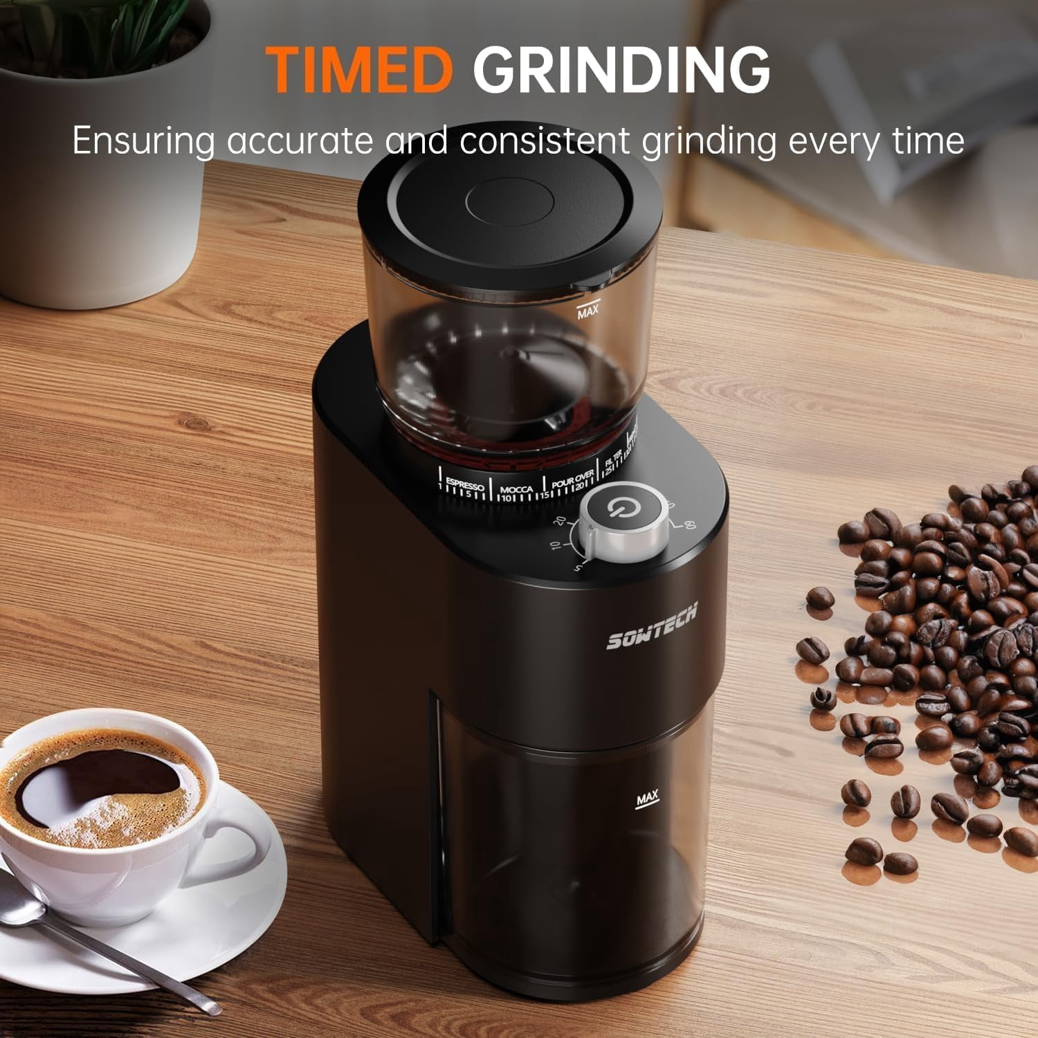 Conical Burr Coffee Grinder with 38 Settings & Timer for Espresso, Drip, French Press
