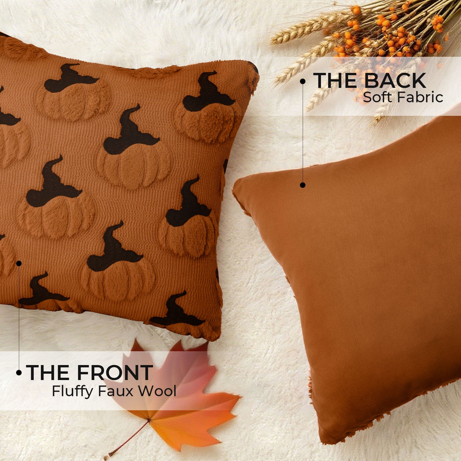 Sanmadrola Fall Pillow Covers 18x18 Throw Pillow Cases Set of 2 Halloween Thanksgiving Autumn Decorations Pumpkin Soft Plush Faux Fur Wool Couch Cushion Case for Sofa Bedroom Living Room Home Decor