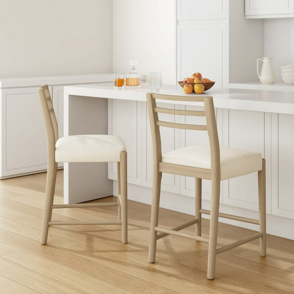 Christopher Knight Home 37.5" Counter Stool Set of 2, Ladder Back Wood Frame with Upholstered Seat, Beige Light Ash