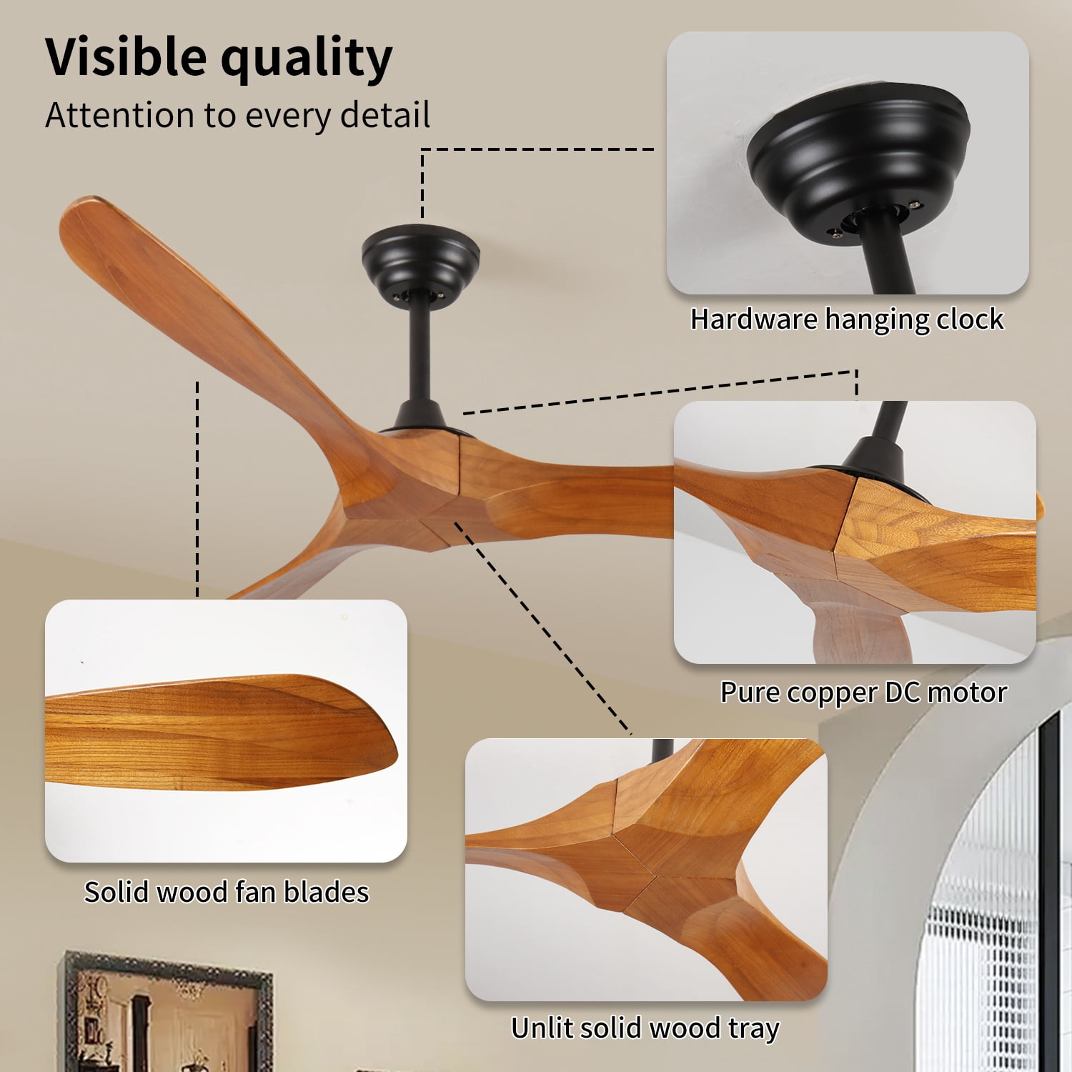 Ceiling Fan, 60 Inch Farmhouse Black Wood Remote Ceiling Fan for Living Room Patio Indoor Outdoor, Black