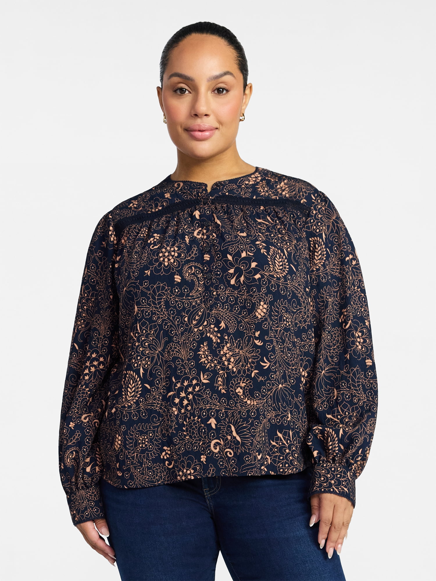 Time and Tru Women's Lace Yoke Shirt with Long Sleeves Sizes XS-XXXL