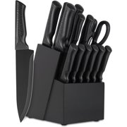 Knife set, 15-piece kitchen knife set with knife block, self-sharpening, dishwasher safe, 6 steak knives, non-slip handle