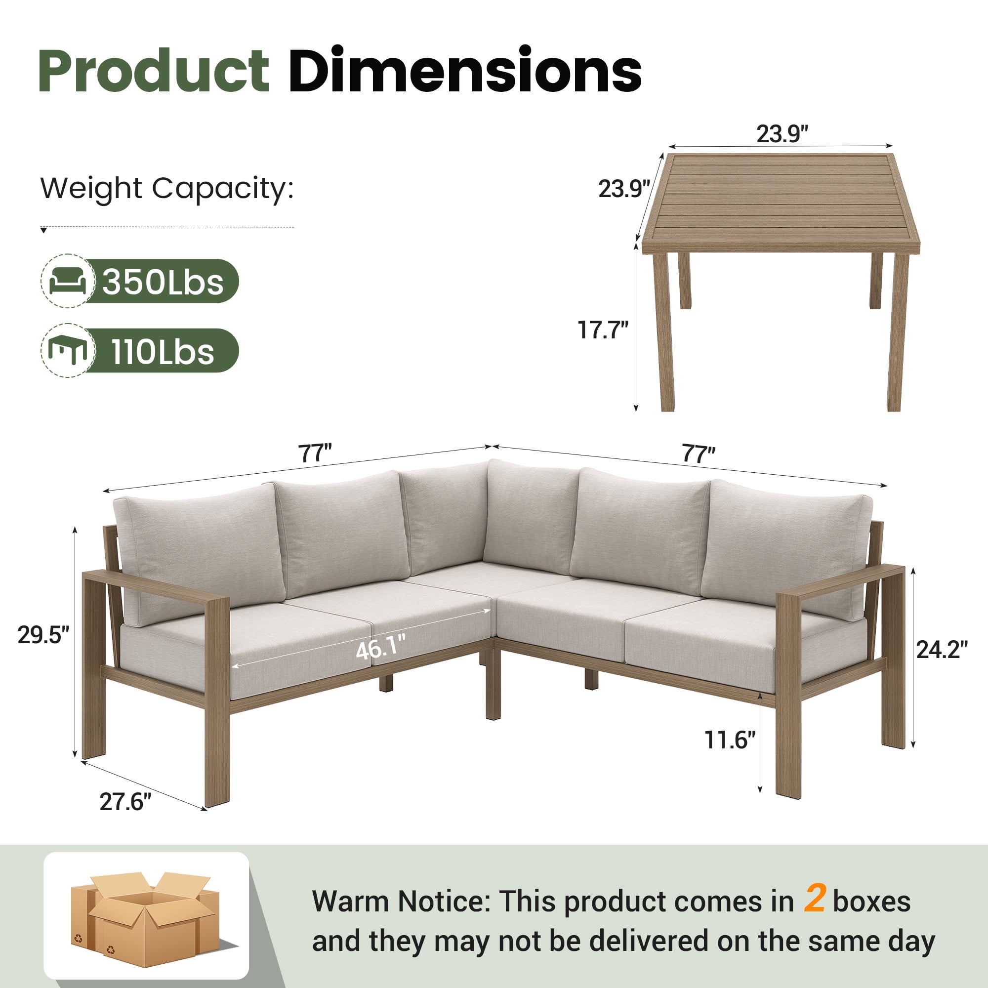 ELPOSUN 6 Pieces Patio Furniture Sets with 6" Thick Olefin Cushions, Faux Wood Metal Outdoor Sectional Furniture L Shape Patio Conversation Sets for Garden, Backyard Beige