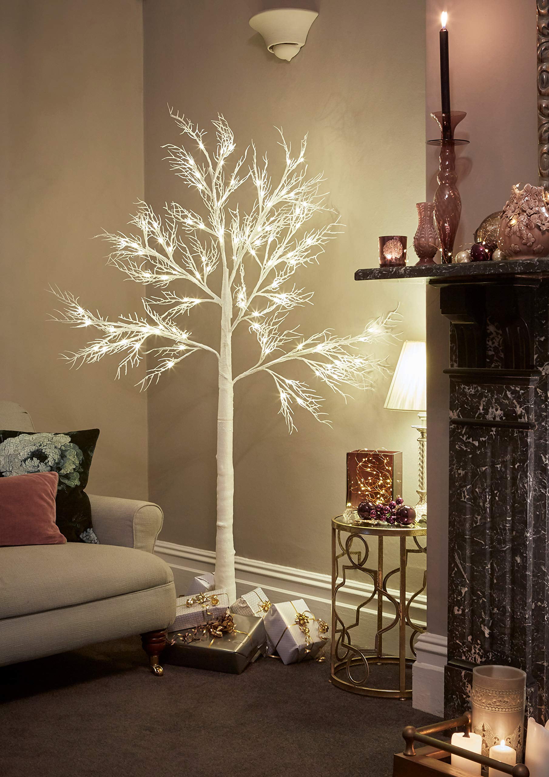 JayMark Products 7ft Christmas Deadwood White Twig Tree Pre Lit 120 LED with Warm White Lights