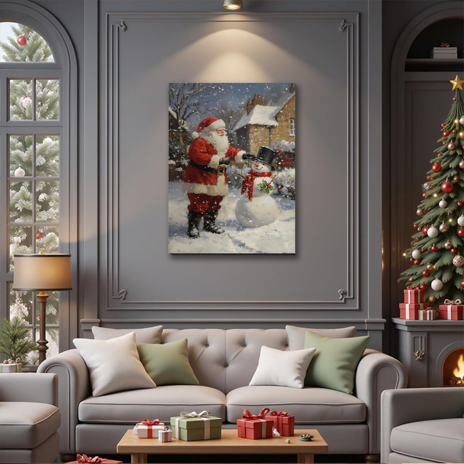 Christmas Wall Art Prints, Winter Christmas Picture Wall Decor Santa Snowman Canvas Artwork for Bathroom, Snow Scene Street Aesthetic Posters for Bedroom, Christmas Holiday Decor