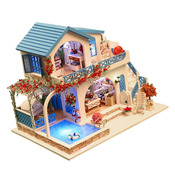 Kit de maison de poupées miniatures en bois 1/24 La chambre à coucher bleue