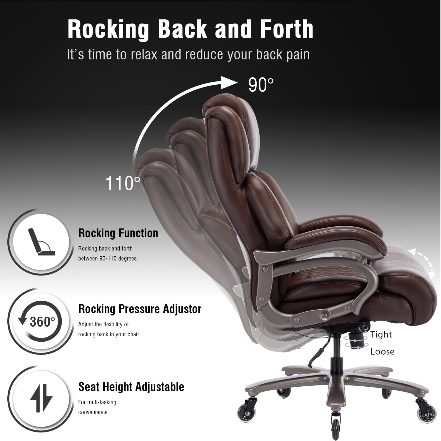 Big and Tall Office Chair 400lbs, Ergonomic Computer Desk Chair with Adjustable Lumbar Support, Quiet Rubber Wheel, High Back Thick Padded Executive Office Chair, Brown