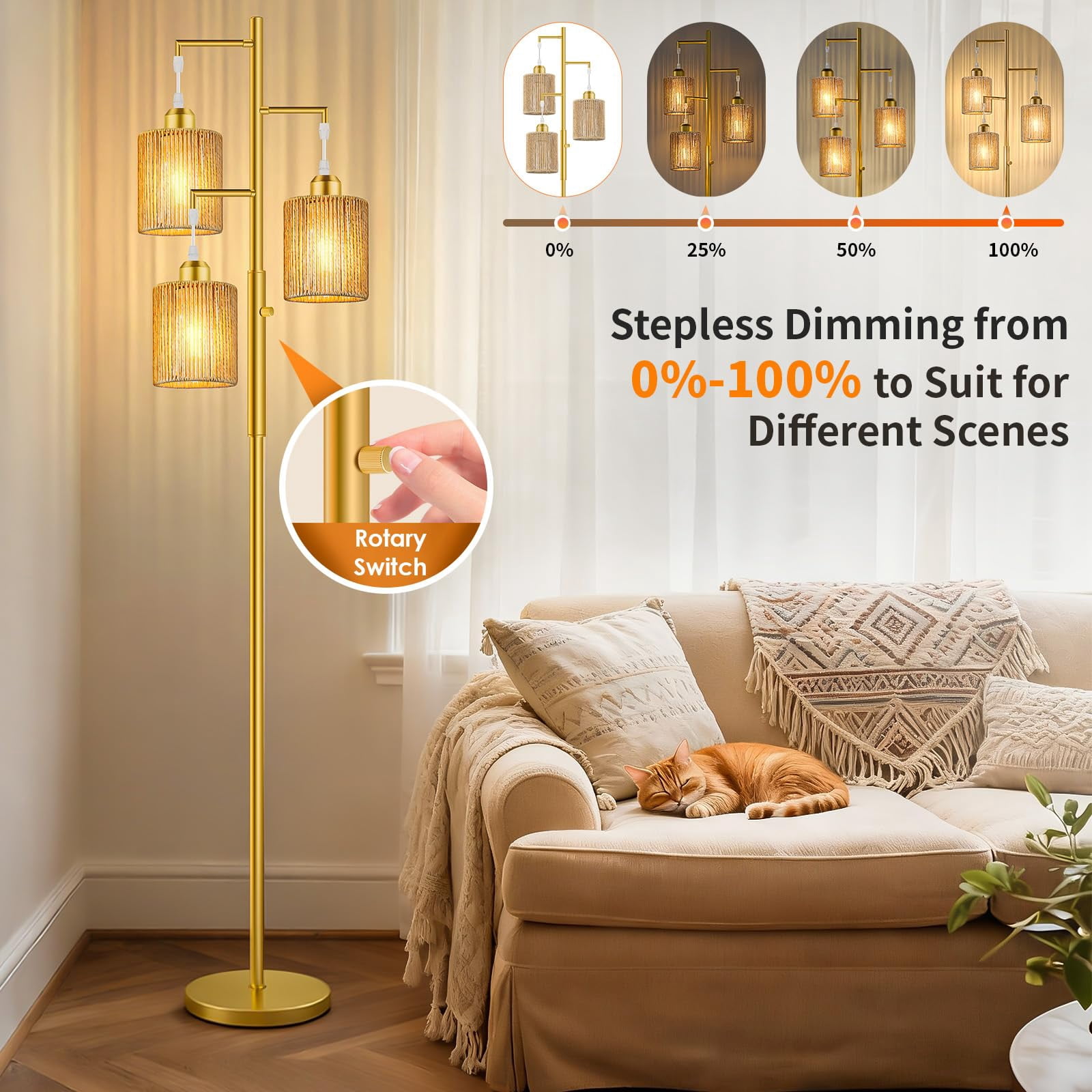 72" Tall Boho Rattan Style Floor Lamp With Hand-woven Paper Cord Shade  Dimmable Industrial Tree Standing For Living Room Bedroom Study Office (3 X 800lm Bulbs Included) -